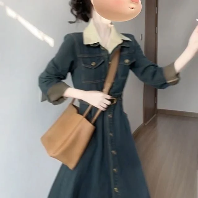 早春韩版复古风气质单排扣牛仔长款连衣裙收腰修身显瘦长裙送腰带