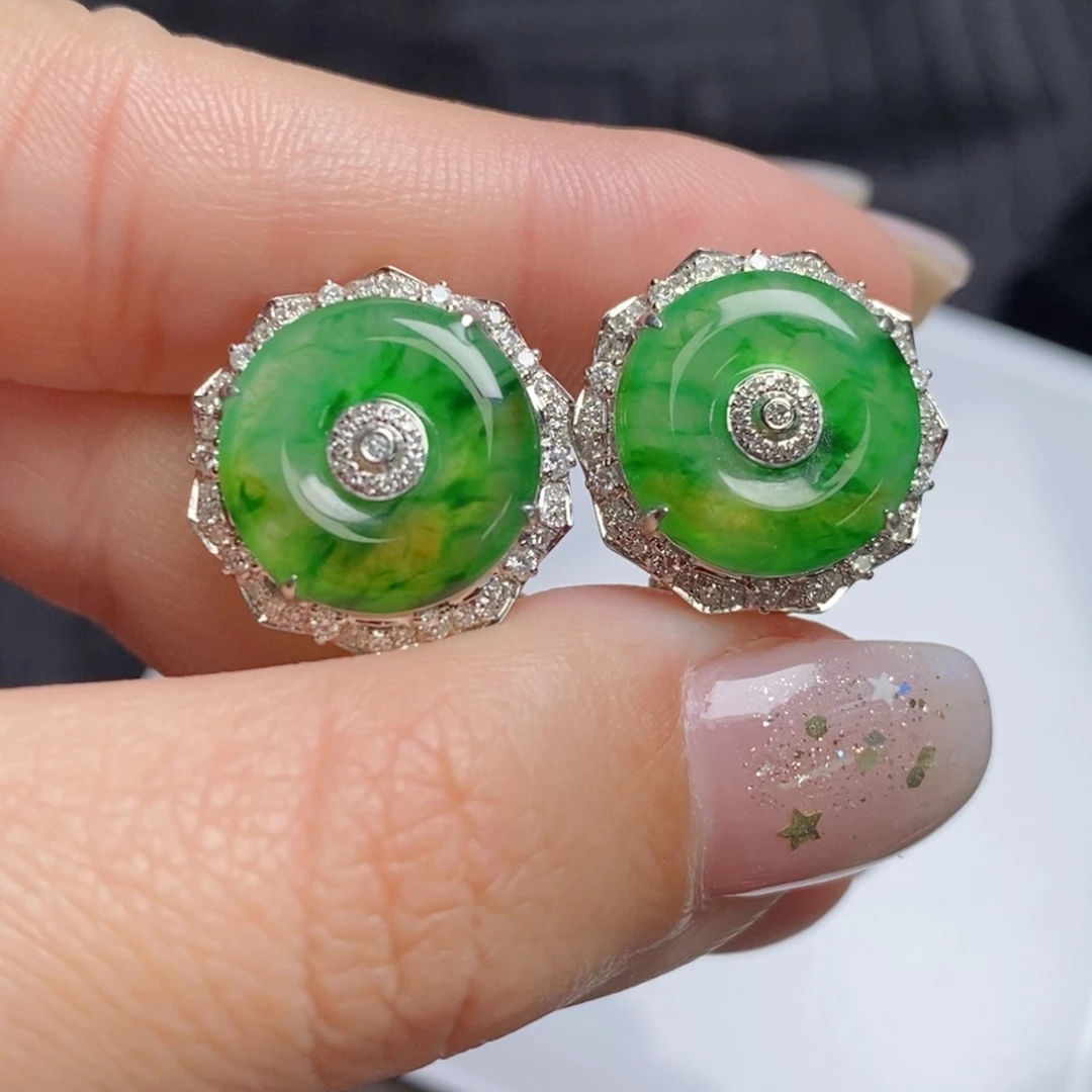 翡翠18K金镶嵌耳饰黄加绿甜甜圈耳拍