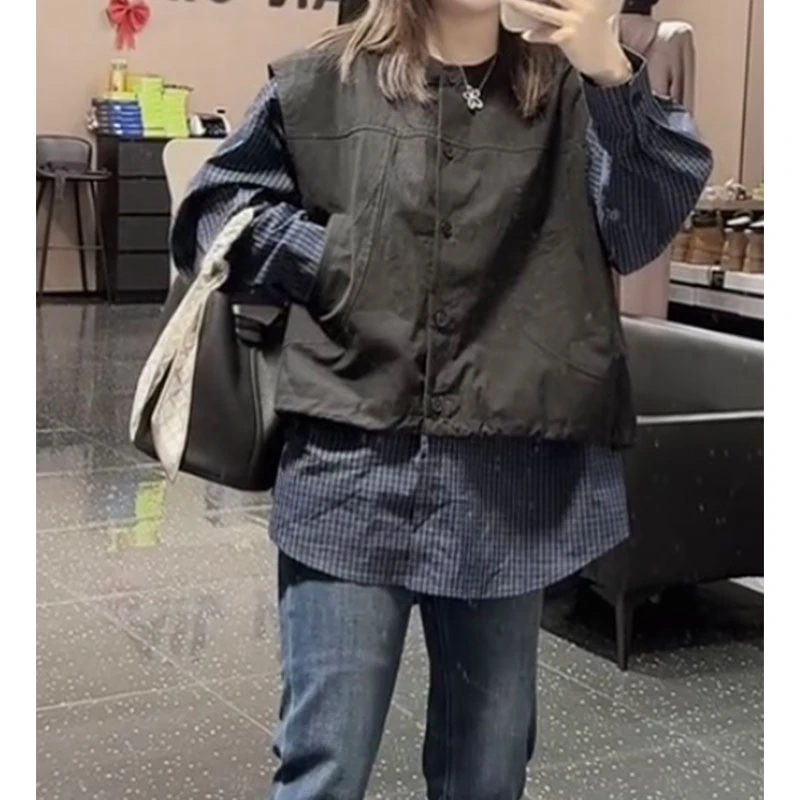 萱贝纯时尚减龄假两件马甲衬衫女2025秋季新款设计感条纹上衣开衫