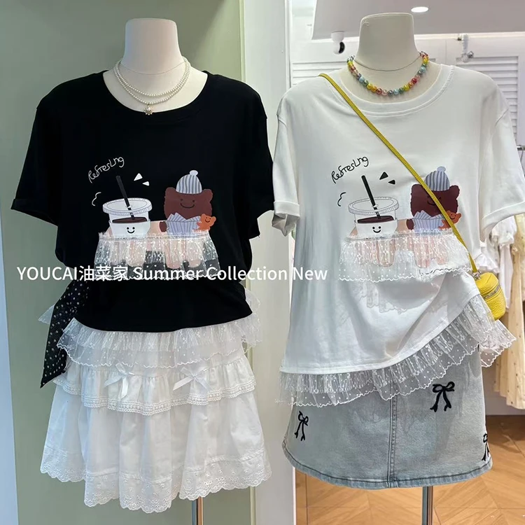 油菜C6537大码蕾丝花边拼接小熊T恤女夏新款宽松显瘦百搭短袖上衣