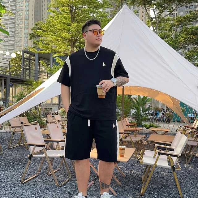 潮牌大码男装短袖短裤夏季休闲两件套男宽松加肥加大潮流时尚套装