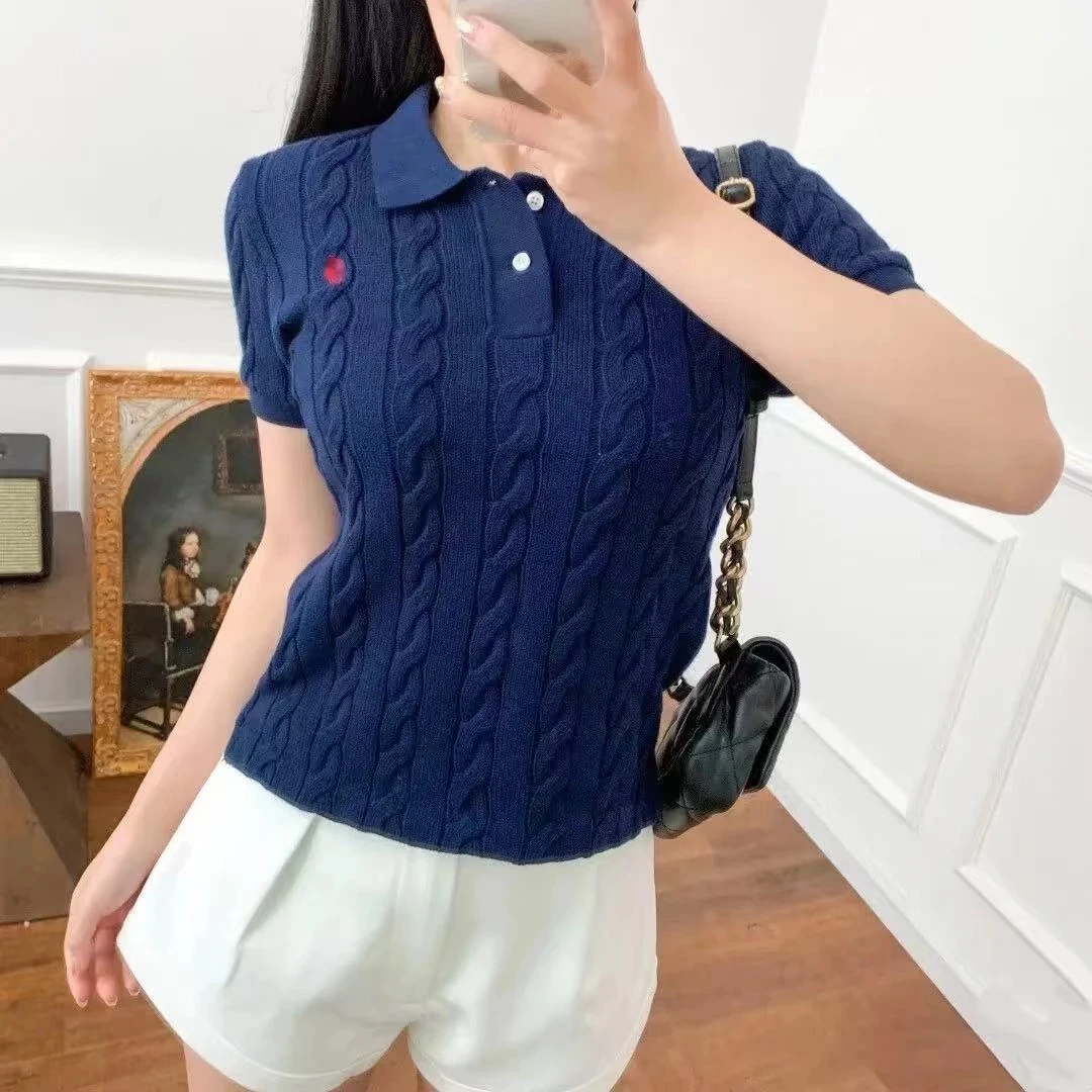 【1】POLO领复古夏季时尚宽松上衣小马刺绣毛针织衫短袖女