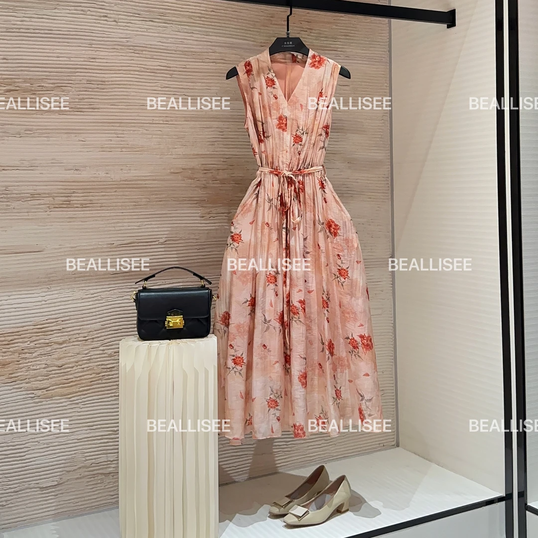 【宠粉价】法式浪漫V领无袖玫瑰印花收腰气质显瘦花色连衣裙W-A674