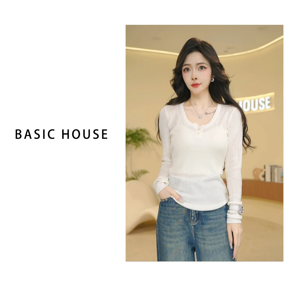 Basic House/百家好2025春秋新款时尚气质百搭显瘦长袖毛针织衫
