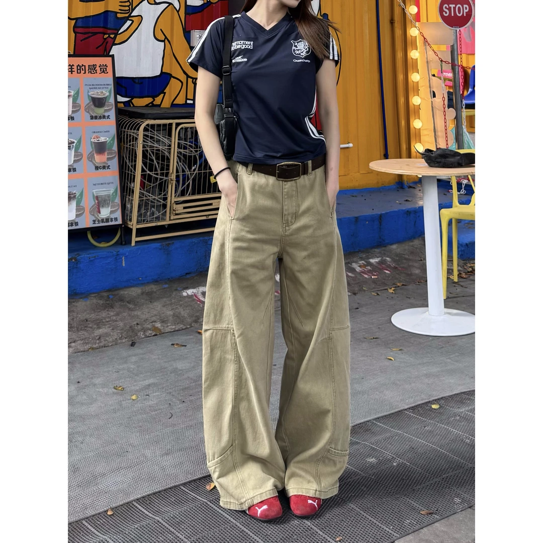 卡其色弯刀工装牛仔裤女2025新款夏季高腰显瘦宽松阔腿拖地裤子