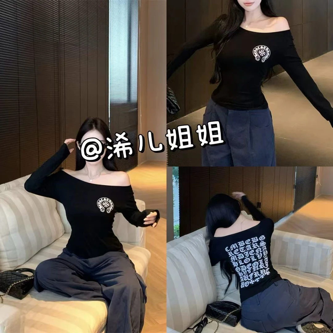 （浠儿家）2025新款美式辣妹印花长袖T恤女修身显瘦一字肩短款上衣