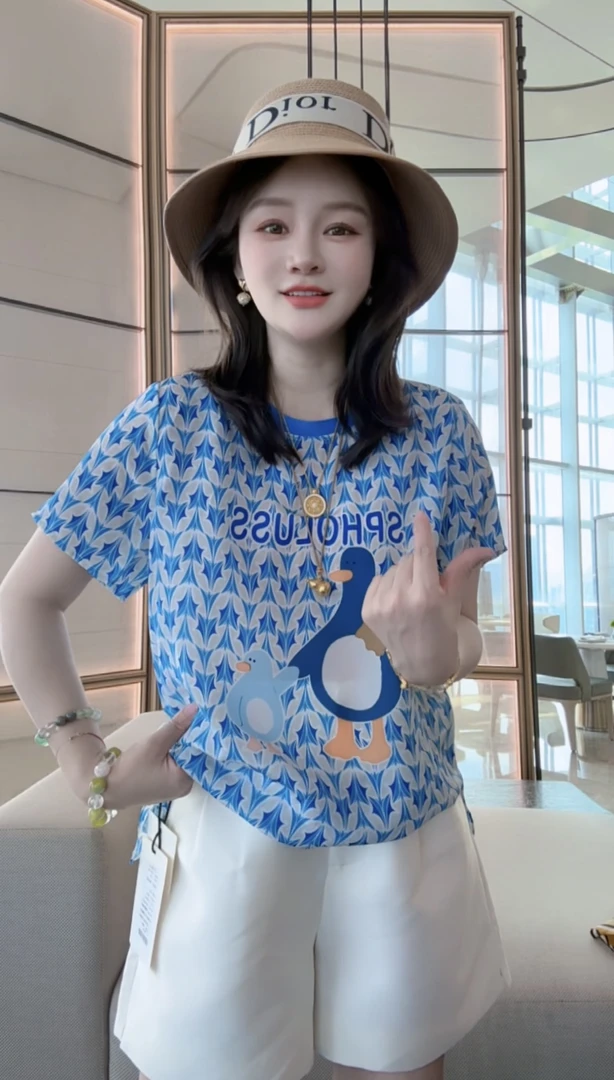 【丝芙玉禄】（F970）真丝双绉条可爱企鹅气质时尚显瘦桑蚕丝t恤上衣