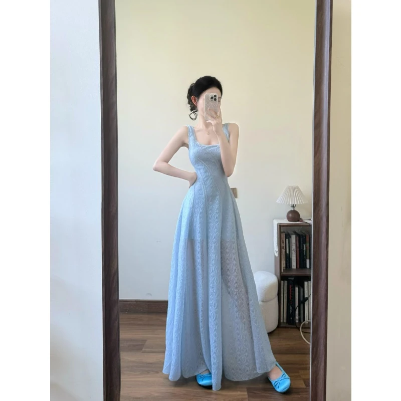 法式蓝色方领吊带连衣裙你女今年流行爆款收腰裙子温柔风蓬蓬长裙