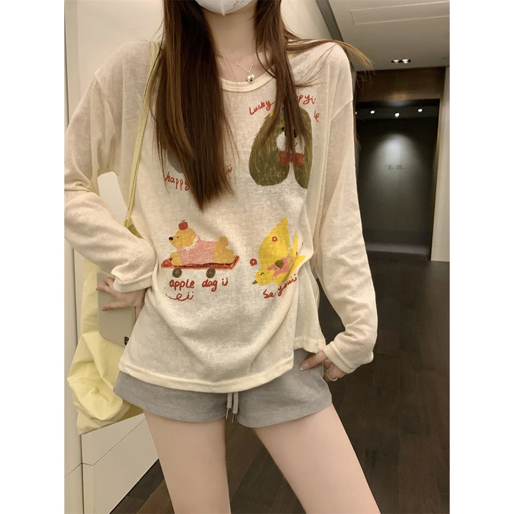 卡通印花T恤女长袖内搭打底上衣2025春季韩系慵懒风百搭防晒罩衫