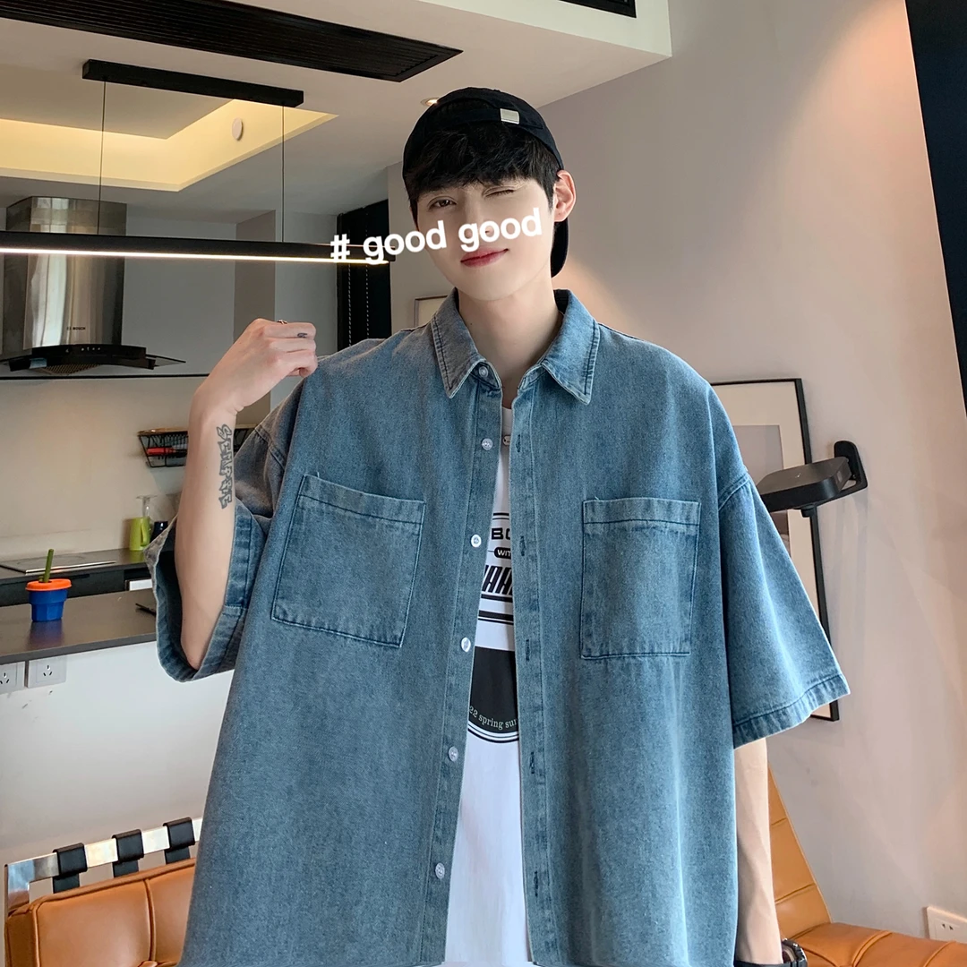 CS010春秋潮牌港风复古情侣百搭简约学院风牛仔短袖衬衫