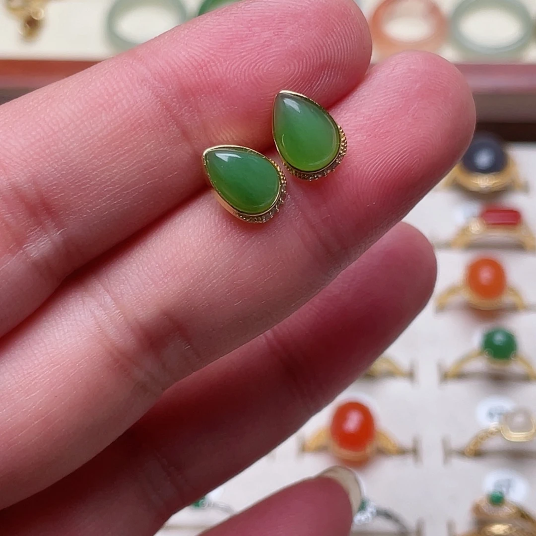 和田玉耳钉银S925镶嵌