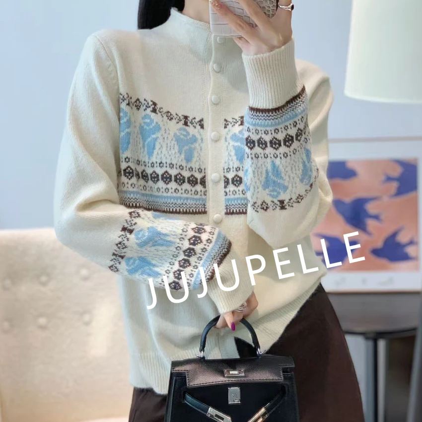 费尔岛青鸟提花复古针织开衫2025秋冬新款洋气百搭女毛衣外套上衣