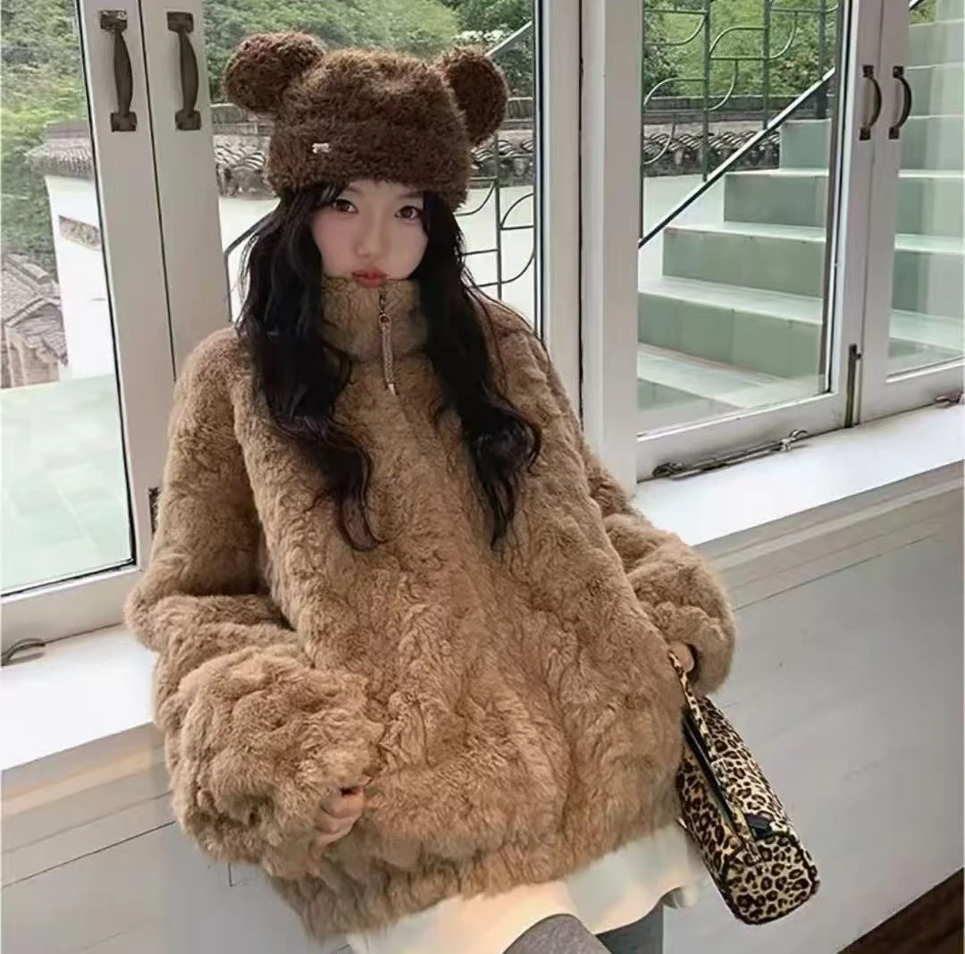 外套女2025冬季新款宽松保暖打链立领毛毛外套