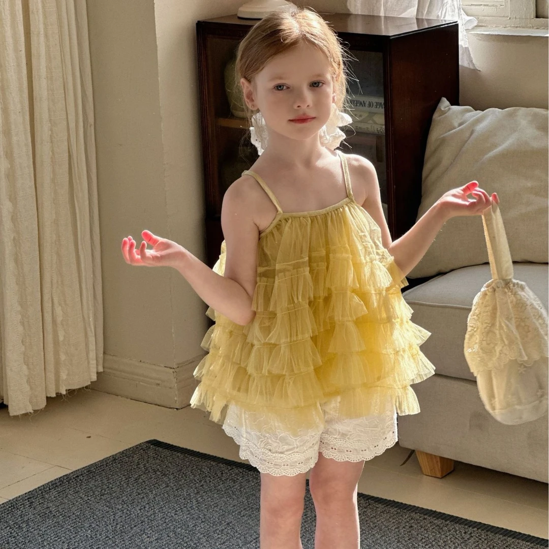 女童吊带衫套装2025夏季法式公主裙儿童纱裙宽松刺绣短裤两件套