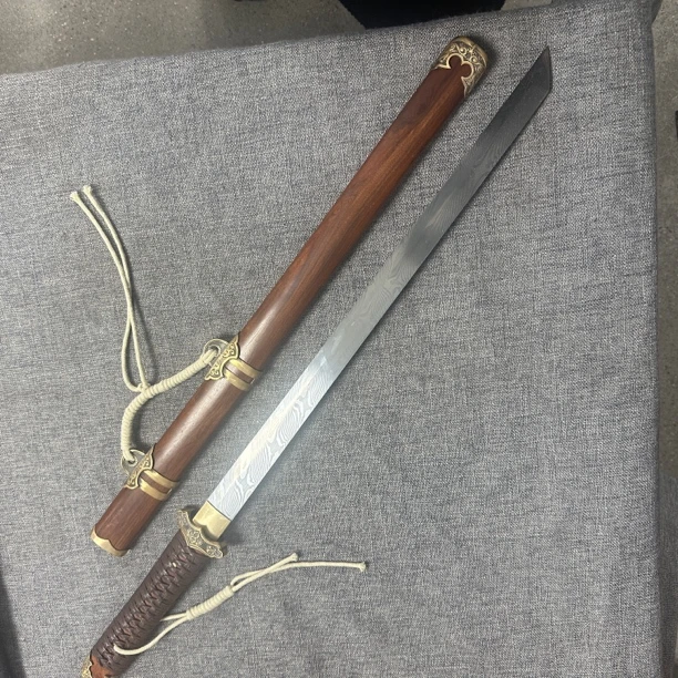 龙泉昊天宝剑一体刀剑大马士革酸枝木铜装刀具防身冷兵器未开刃