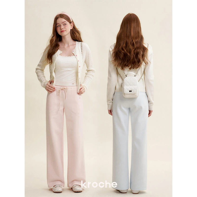 Kroche 25ss 定染马卡龙色 棉质复合牛奶丝高腰直筒阔腿休闲长裤