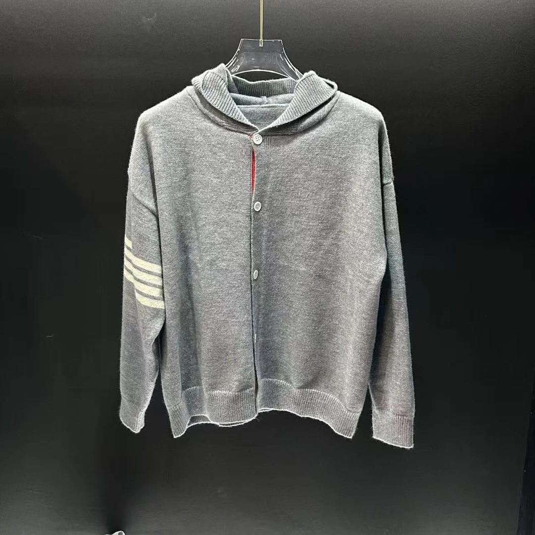 厚款春季常规开衫款400g条纹毛针织衫帽衫潮流针织衫