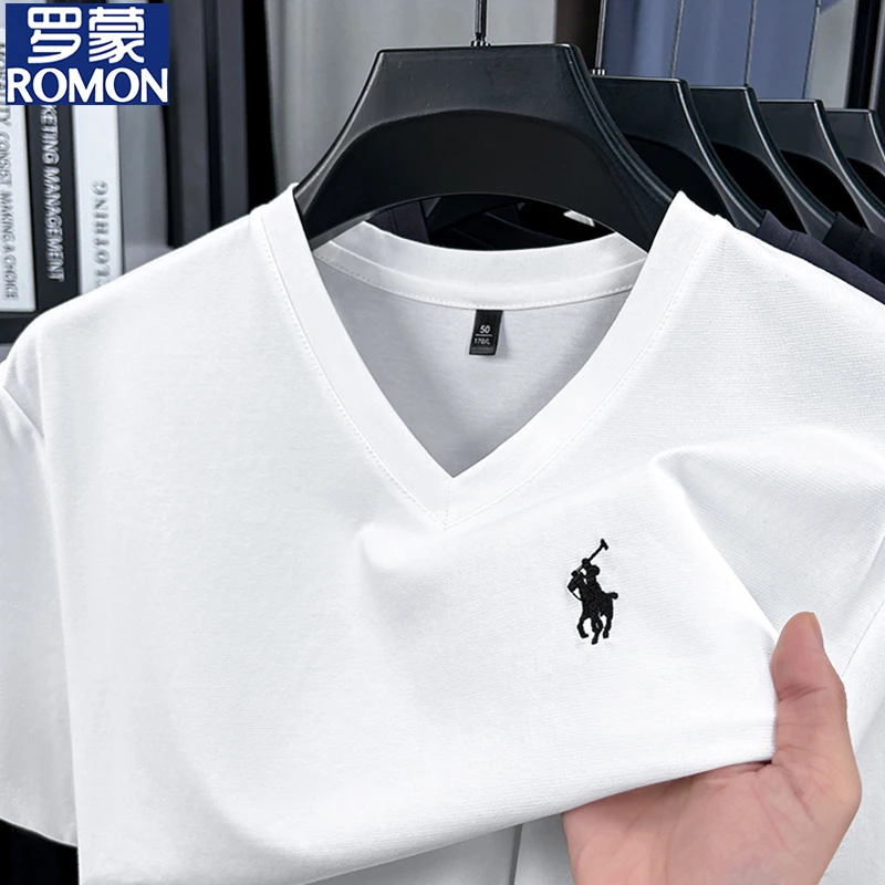 罗蒙短袖t恤男士夏季薄款长绒棉V领刺绣小白衫韩版港风鸡心领汗衫