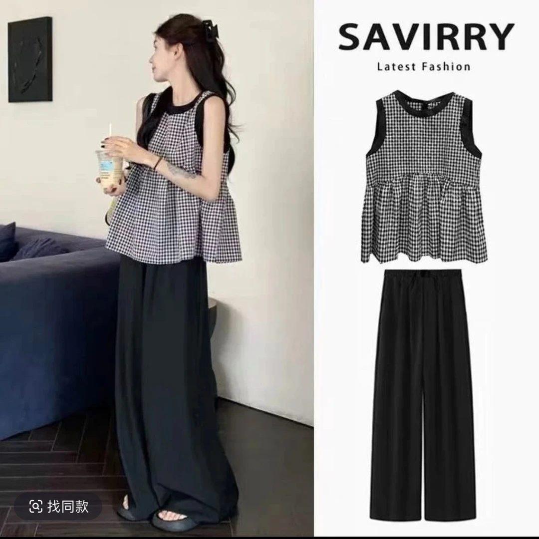 孕妇套装2025夏装新款时尚洋气格子设计感无袖背心上衣百搭阔腿裤