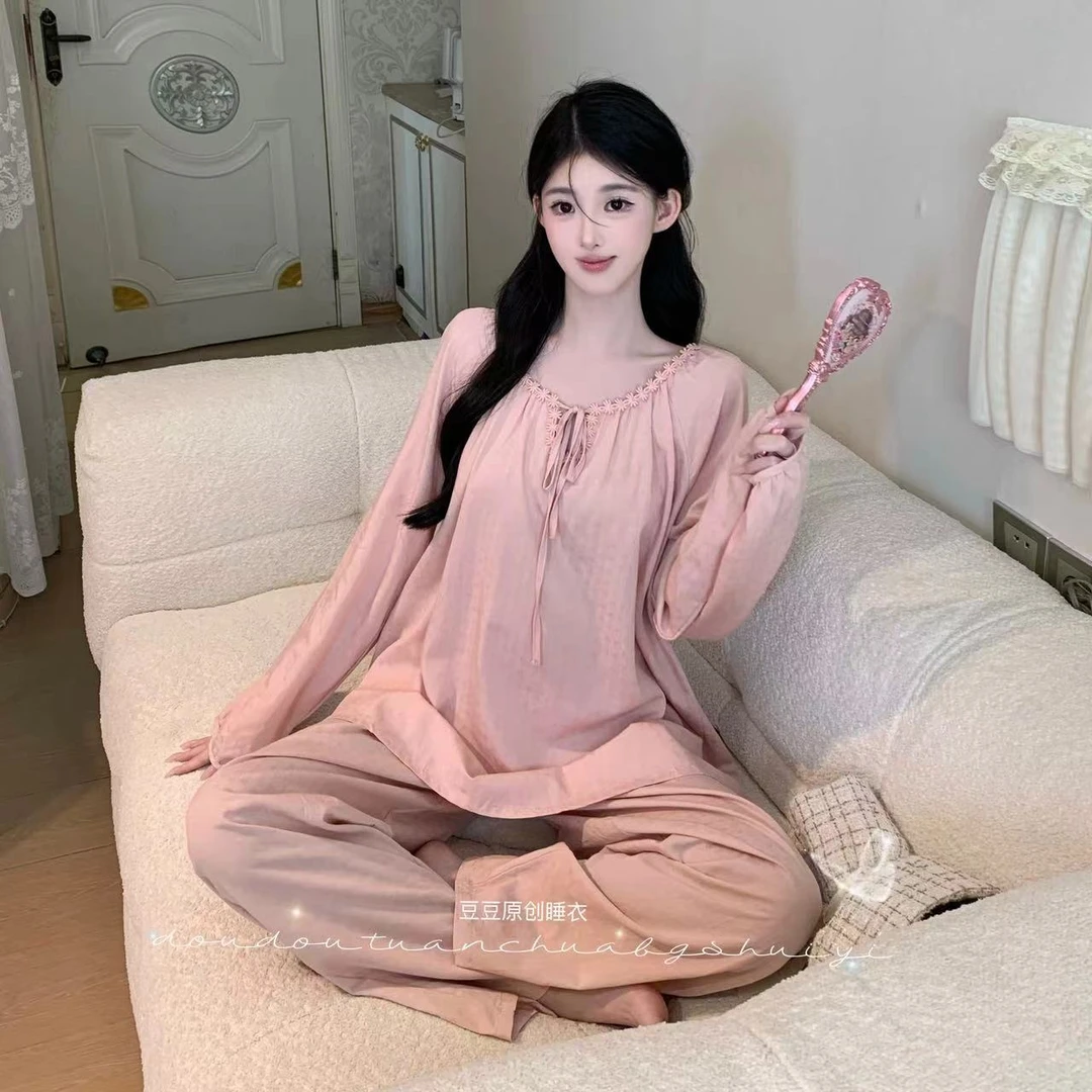 柔柔【甜樱恋曲】长袖套装带胸垫显白显瘦显瘦春秋家居服睡衣女