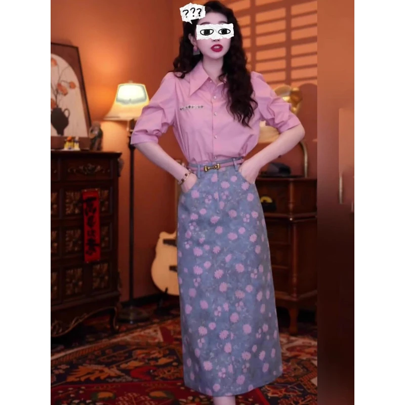 【浅浅专属】粉色翻领衬衫夏季百搭新款时尚减龄短袖气质上衣半身裙