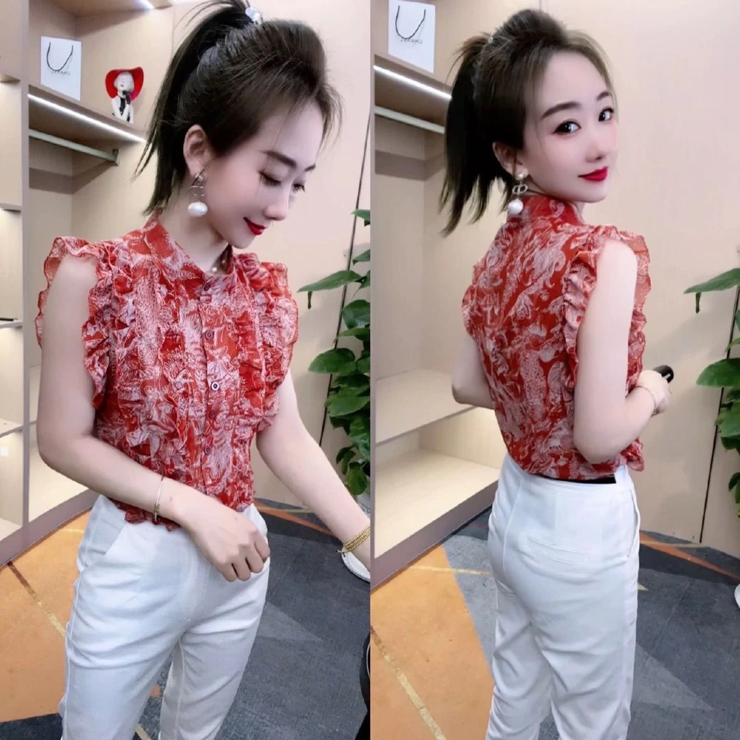 碎花雪纺衫女夏季2025新款时尚设计感上衣遮肚子显瘦小衫无袖衬衫