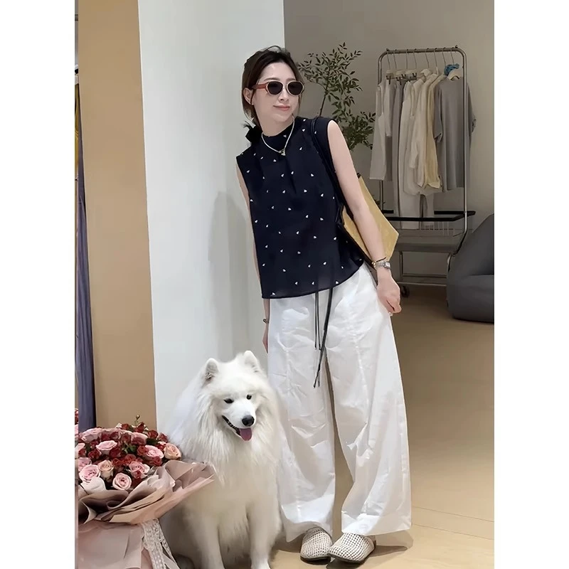 夏季新款设计感宽松无袖衬衫波点上衣高腰显瘦阔腿裤两件套装女潮