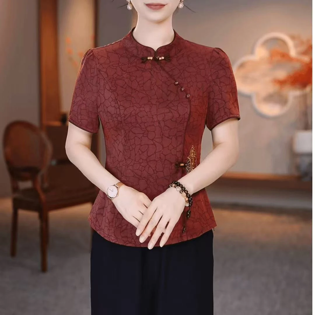 中国风夏季新中式上衣妈妈装洋气复古女装时尚套装薄款雪纺裤子