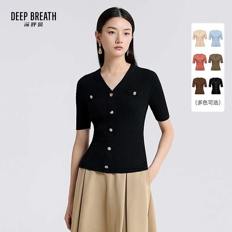 DEEP BREATH深呼吸女装纯羊毛V领装饰扣半袖坑条针织衫女A301210