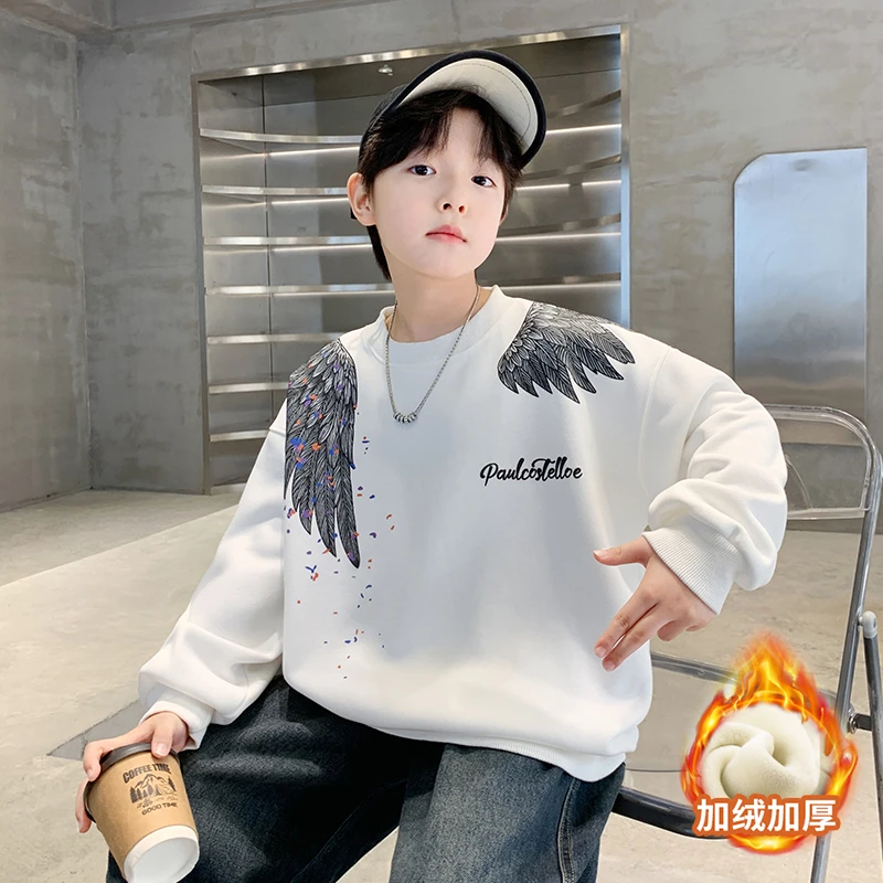儿童装男童中大童加绒卫衣2025新款冬季时尚翅膀印花圆领卫衣潮