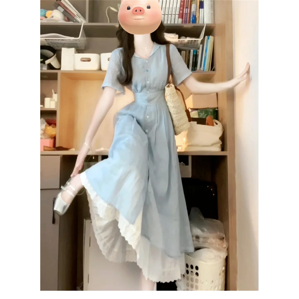 女款包臀法式感蓝色衬衫泡泡袖子夏季新款女装显瘦收腰超好看长裙