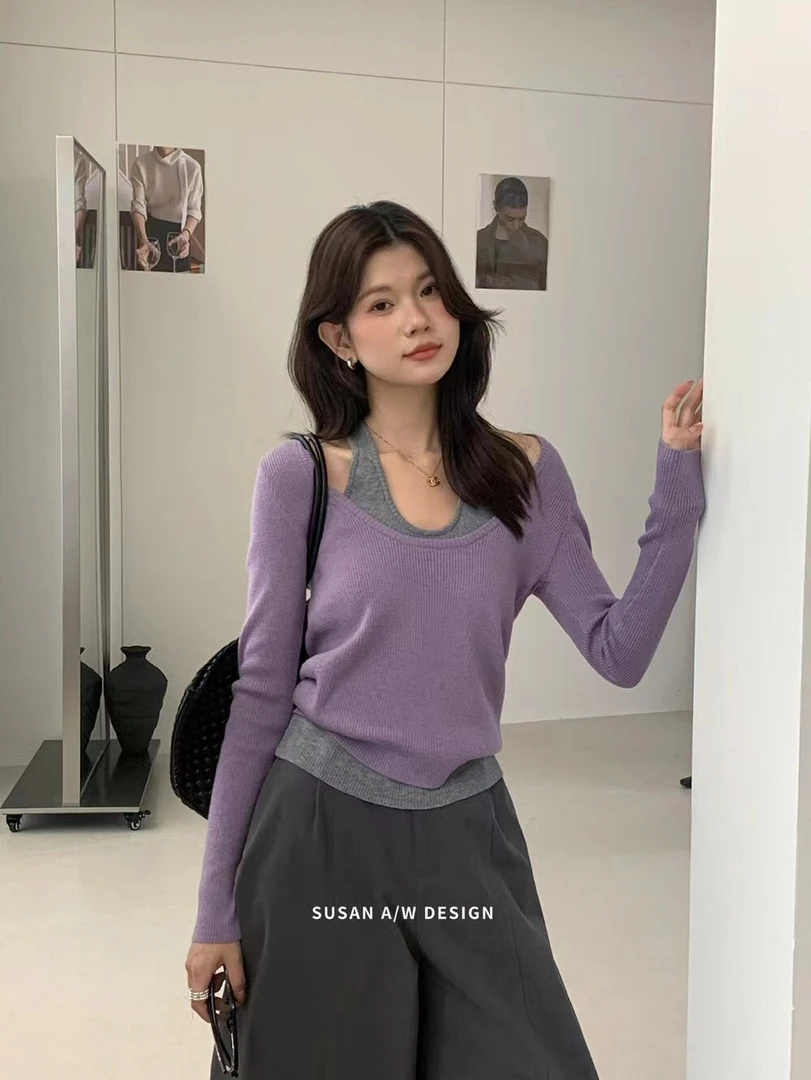 圆领包袖上衣毛针织衫薄款女修身设计感拼色长袖针织