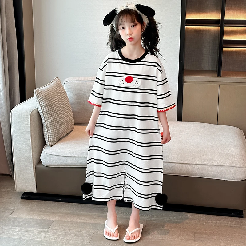 夏季儿童防踢连体睡衣女童短袖纯棉睡裙女孩可爱条纹家居服可外穿