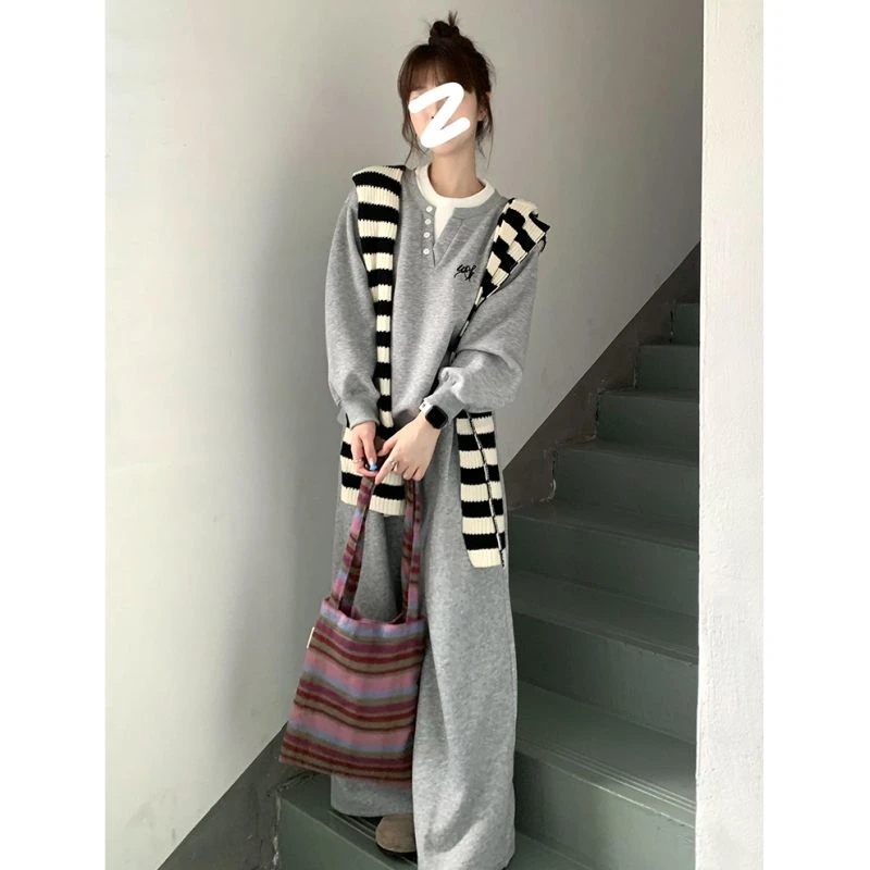 原野 韩系氛围感休闲卫衣运动套装女秋季收腰上衣阔腿裤三件套