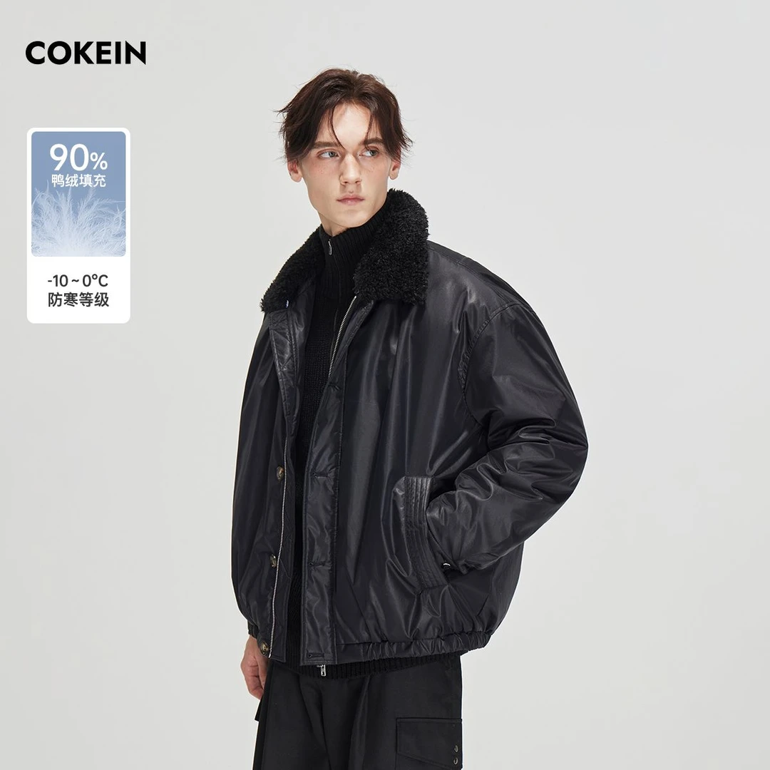 COKEIN羽绒服男双门襟可拆卸毛领冬季保暖白鸭绒翻领夹克外套潮