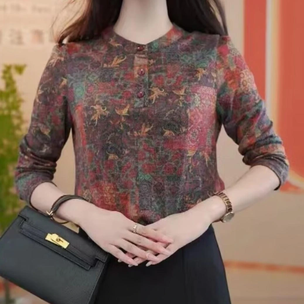 秋季长袖薄款弹力针织T恤上衣大码胖mm宽松休闲遮肉减龄打底小衫