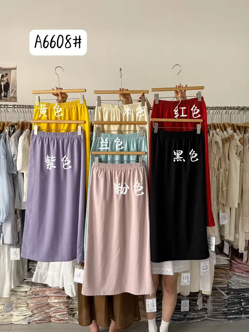 6608 土布鱼韩系彩色亚麻松紧腰半裙