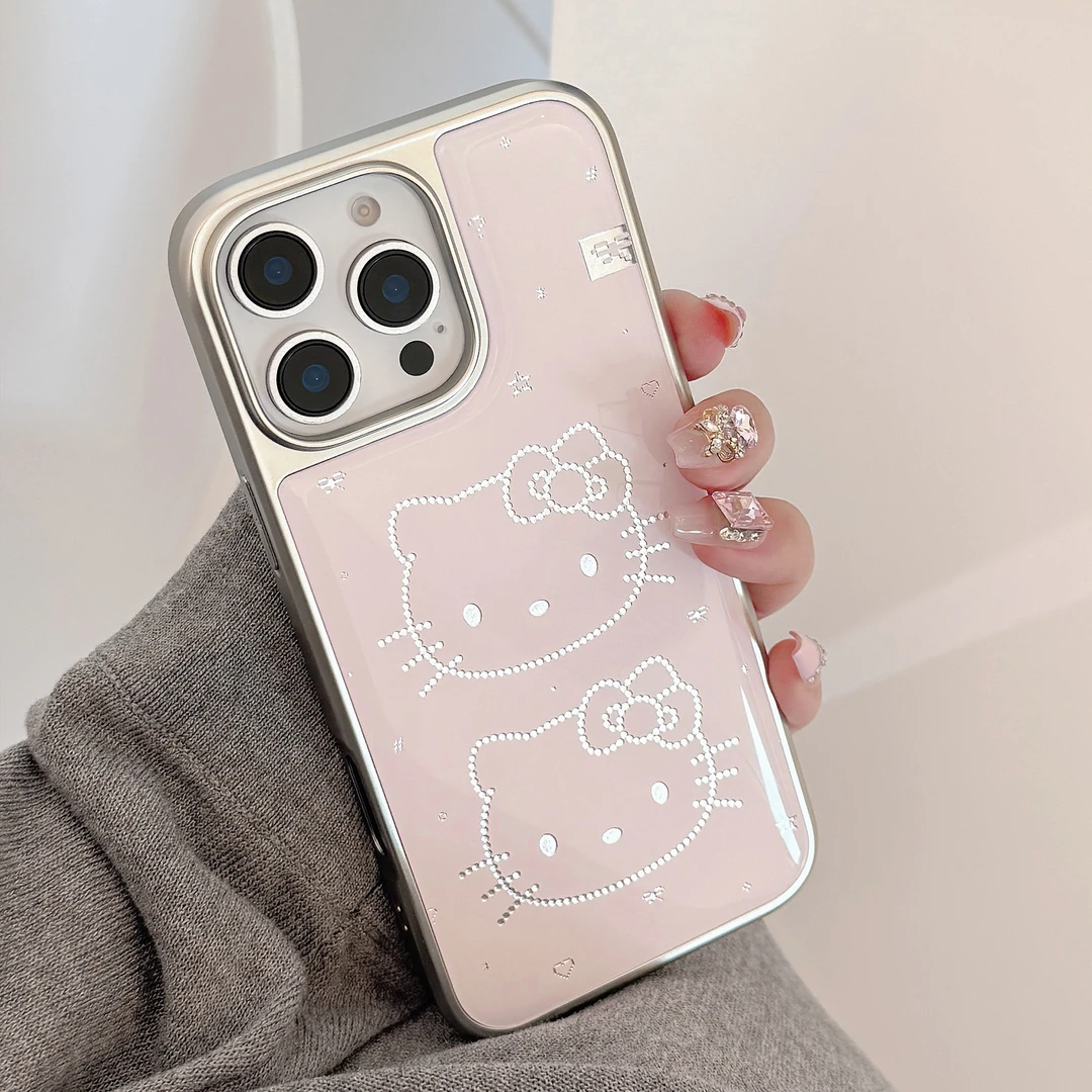 【超粉】粉色喵少女蝴蝶结防摔滴胶鎏金电镀银边框气质手机壳透亮