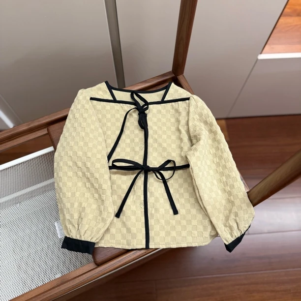 【编号S65】3C3397-14-儿童系带包边泡泡袖衬衫卡其色-MIKO