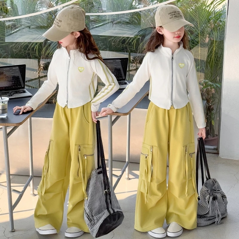 女童套装2025年春季新款中大童洋气时尚百搭拉条上衣工装裤套装