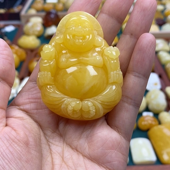 琥珀未镶嵌裸石32.64鸡油黄笑佛吊坠