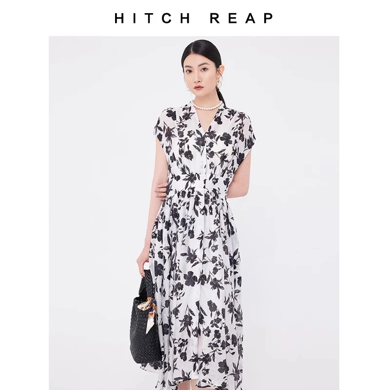 印花V领收腰气质过膝中长裙气质度假风连衣裙