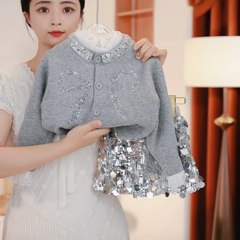 媛媛妈专属春秋季女童新款洋气针织上衣小女孩甜美蝴蝶结毛衣外套