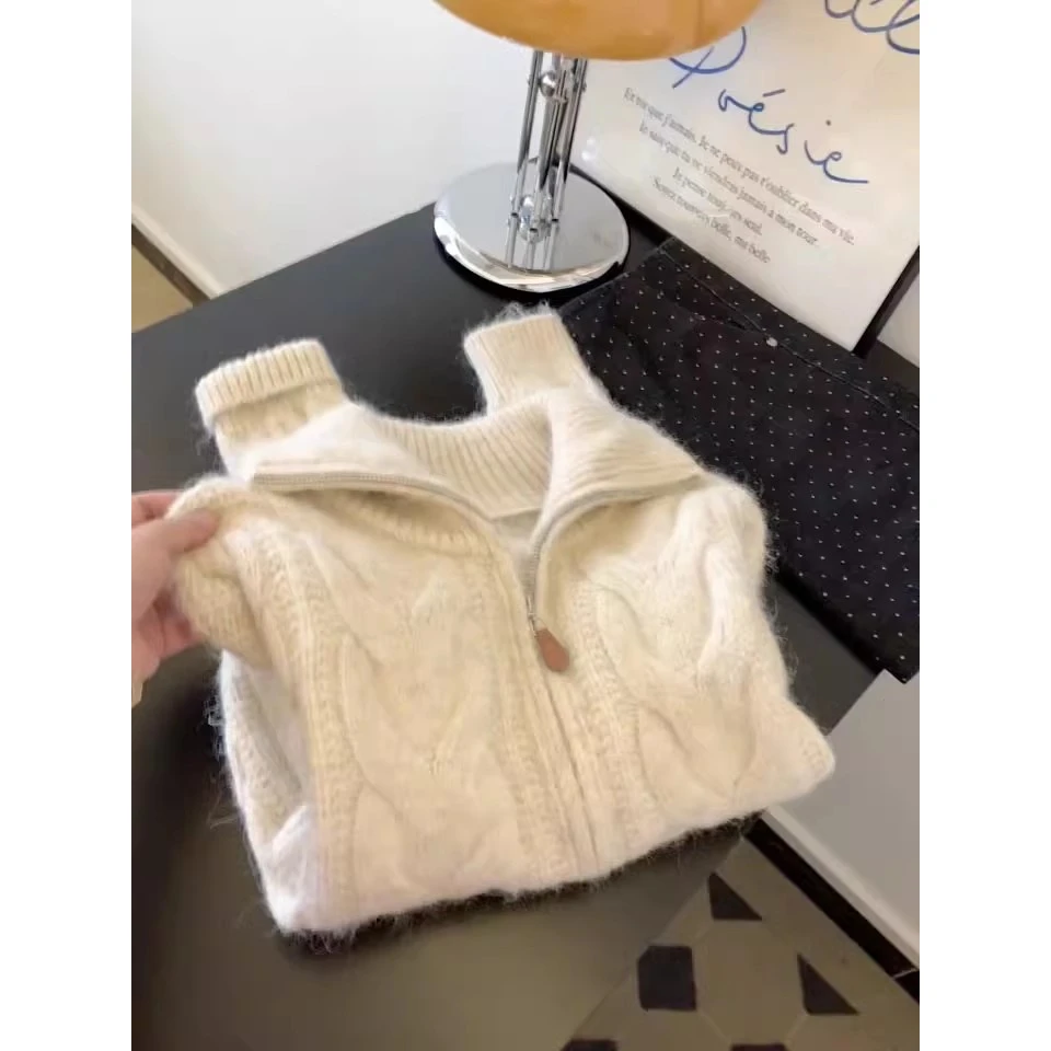 版型巨舒服!高领拉链麻花针织衫女秋冬气质软糯短款毛衣外套上衣