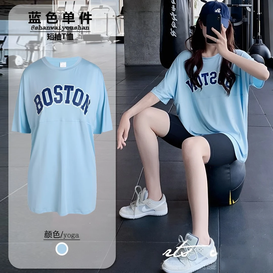 运动跑步上衣女夏季大码短袖T恤瑜伽宽松速干字母遮臀健身服罩衫