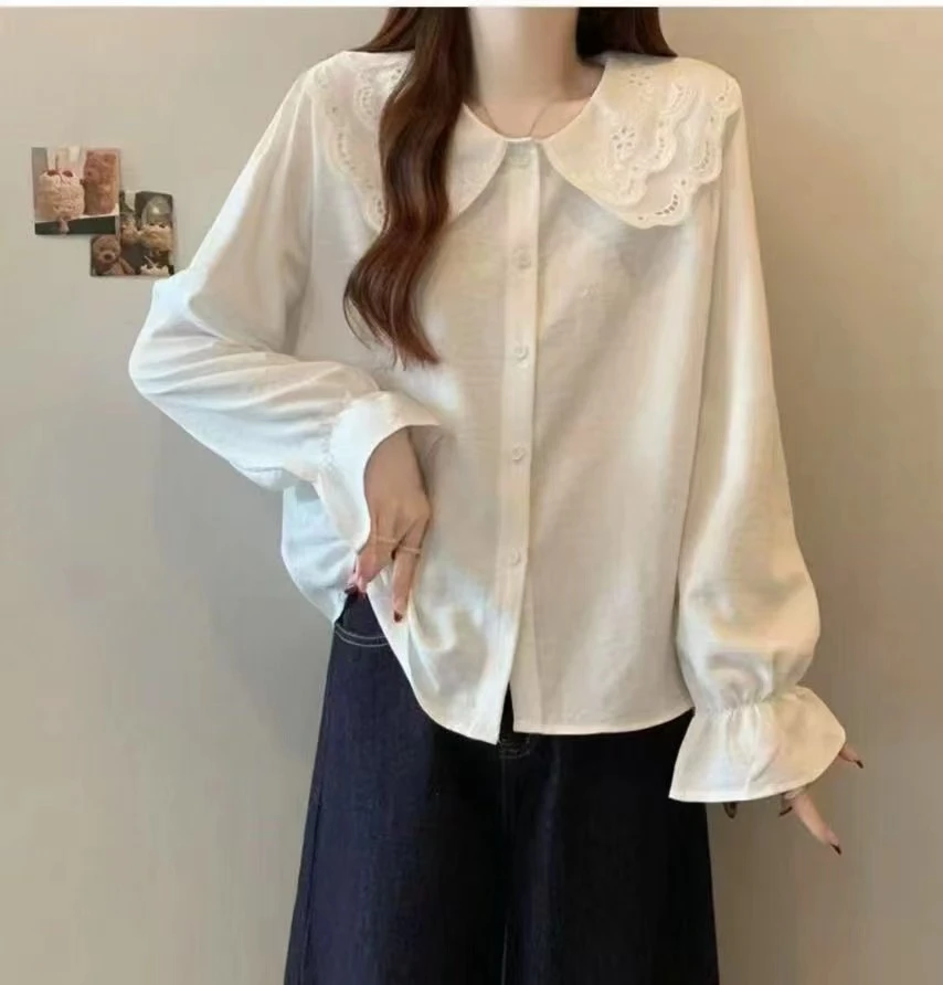 甜美秋冬法式复古娃娃领衬衫女设计感小众长袖宽松打底衬衣288