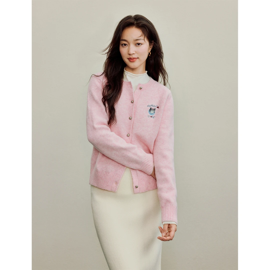 【保暖好物】茵曼萌趣系刺绣针织开衫女新款圆领长袖毛衣外套短款