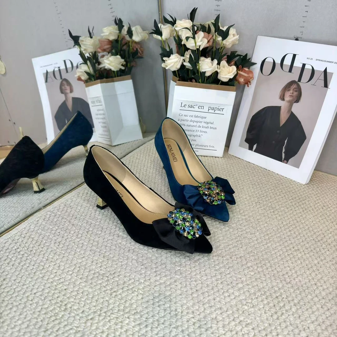 【优雅款】SLM/羊皮/4CM/33-40/0001水钻蝴蝶结尖头高跟优雅小单鞋