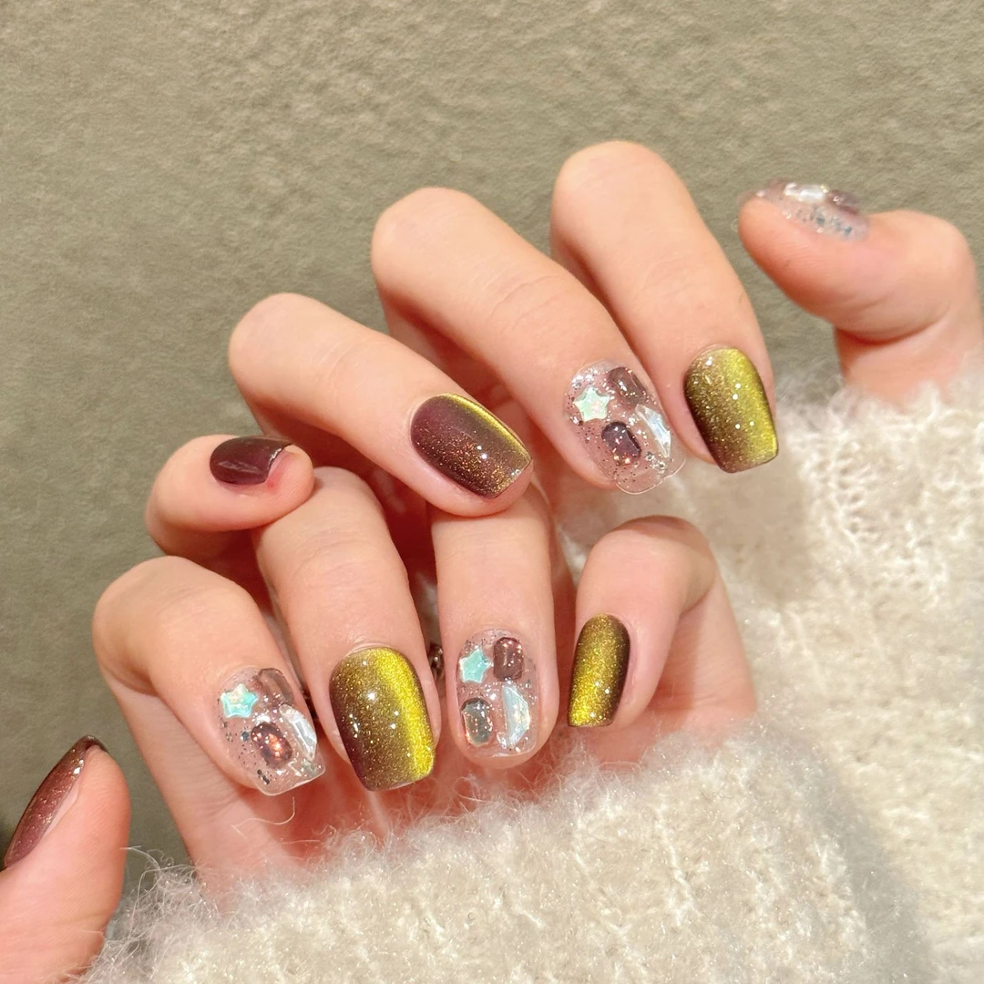 纯手工穿戴甲秋冬新款轻奢棕金渐变爆闪猫眼短款美甲片高级感显白