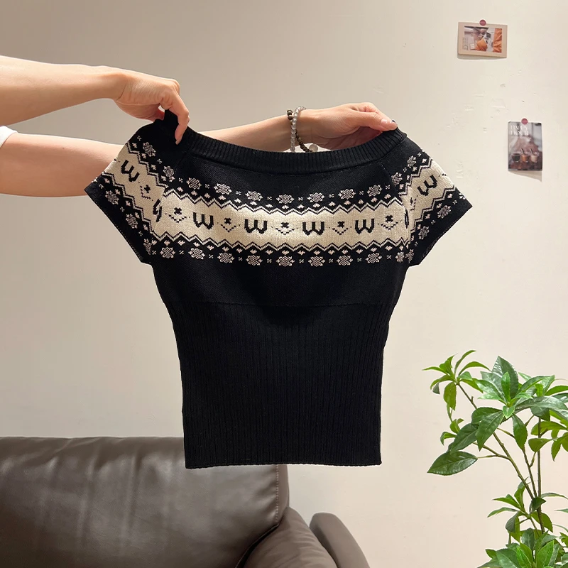 复古撞色一字肩针织短袖T恤女夏季2025新款独特露肩显瘦辣妹上衣